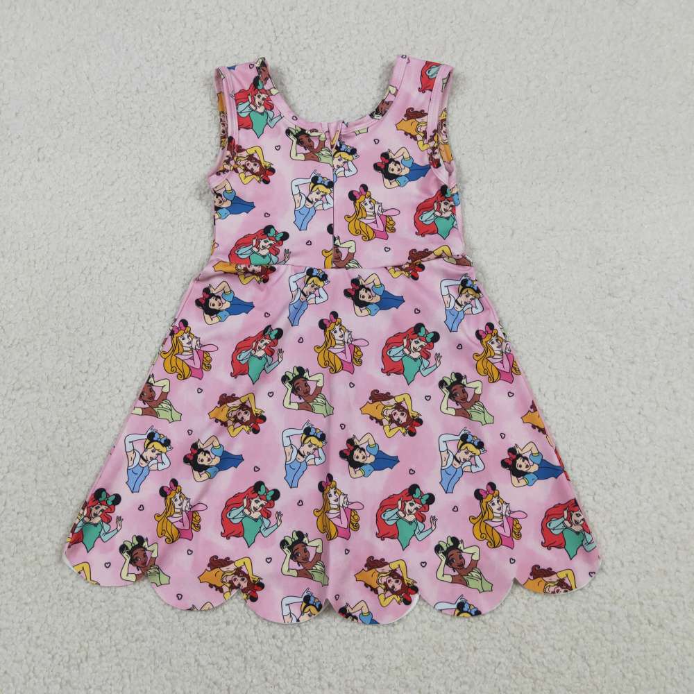 GSD2491   RTS Pink princess print girl  summer scallop YOGA dress