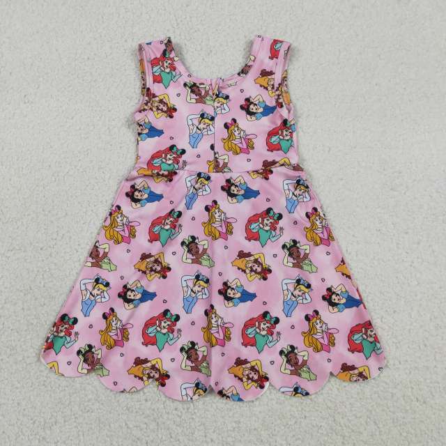 GSD2491   RTS Pink princess print girl  summer scallop YOGA dress