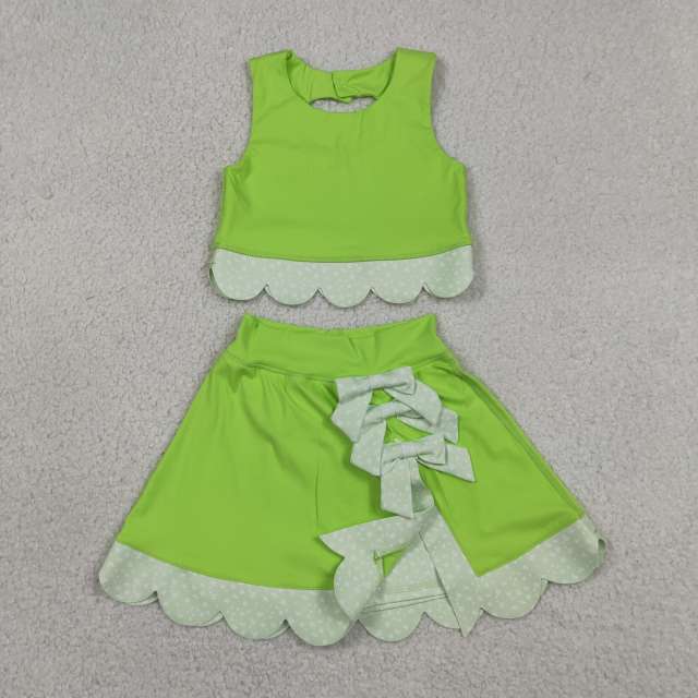 GSD3322  RTS grass Green solid plaid print active girl yoga scallop skirt dress