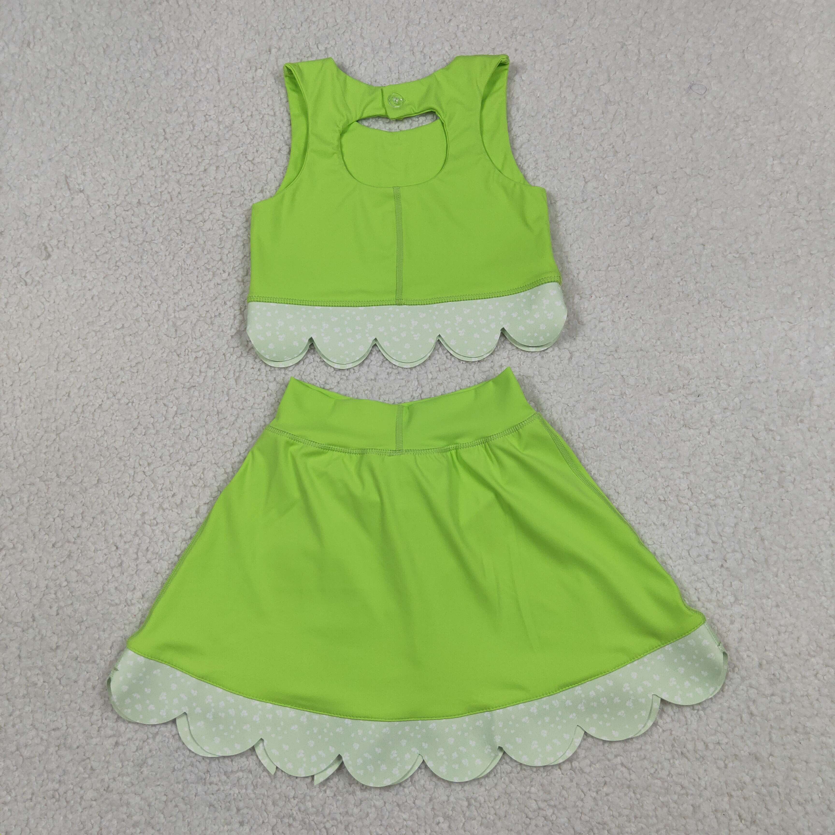 GSD3322  RTS grass Green solid plaid print active girl yoga scallop skirt dress