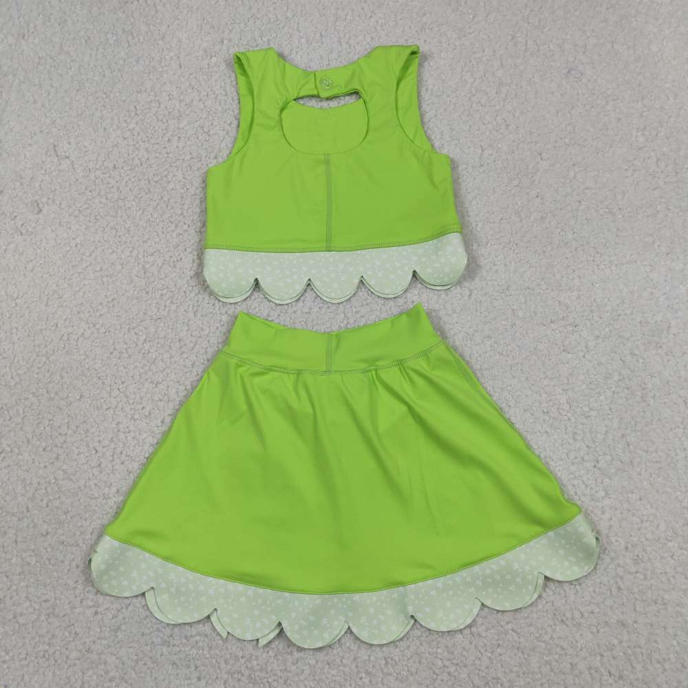 GSD3322  RTS grass Green solid plaid print active girl yoga scallop skirt dress