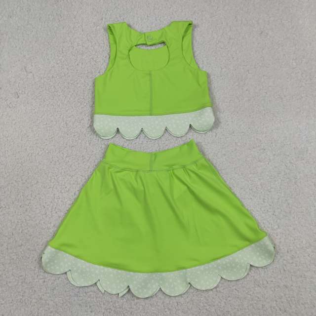 GSD3322  RTS grass Green solid plaid print active girl yoga scallop skirt dress