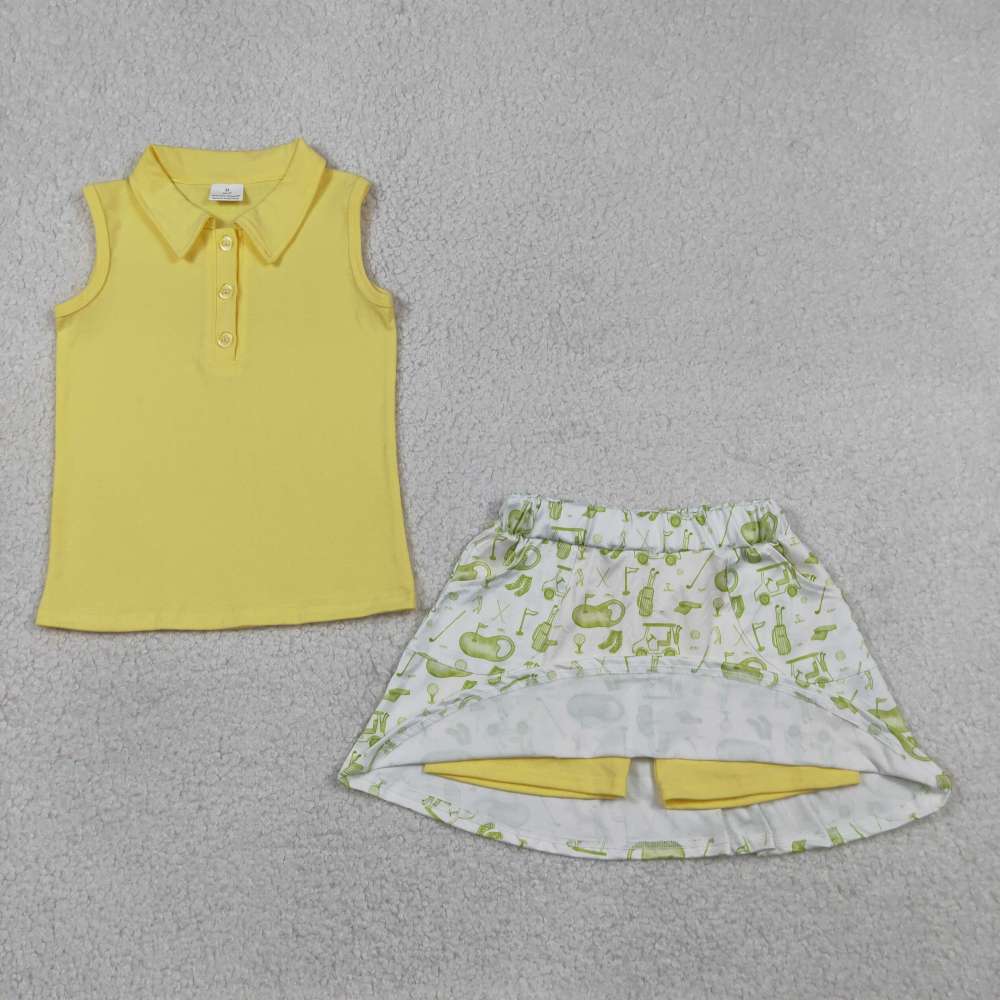 GSD2698 Yellow golf pattern Print  sleeveless girl skirt outfits