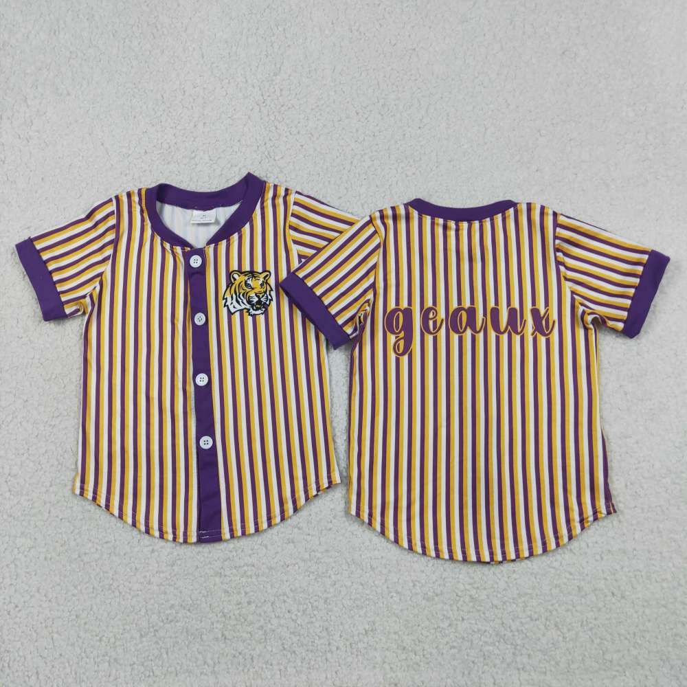 BT1745  RTS Yellow purple stripe geaux Print short sleeve boy Team  t-shirt