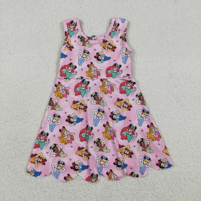 GSD2491   RTS Pink princess print girl  summer scallop YOGA dress