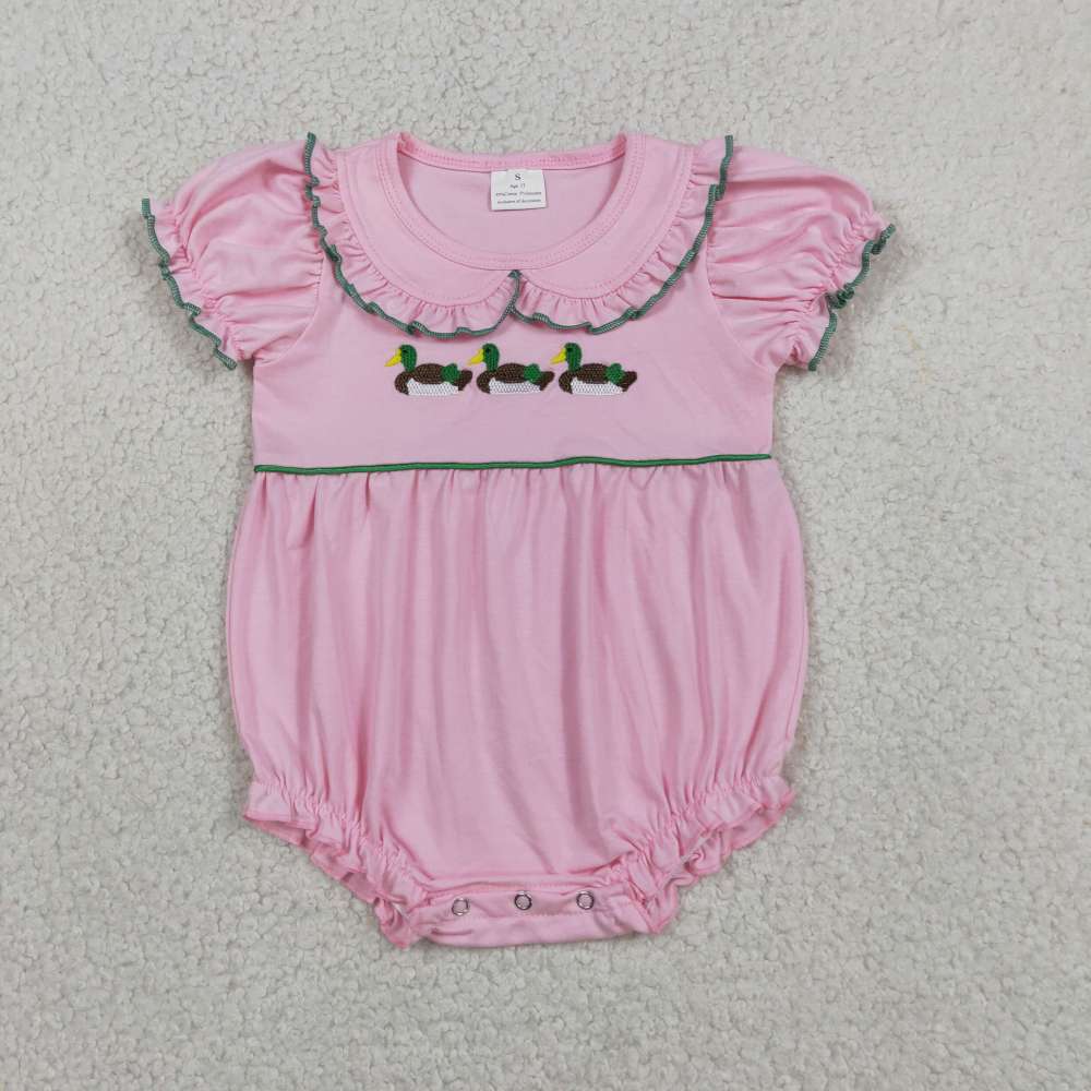 SR3532   Baby Pink duck Embroidery ruffle sleeve Rompers