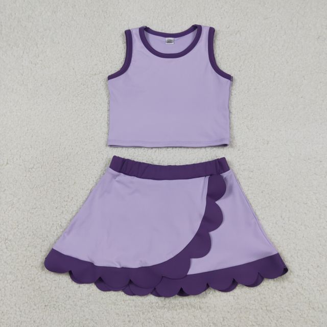GSD4026  RTS Purple trim print active girl yoga scallop skirt dress