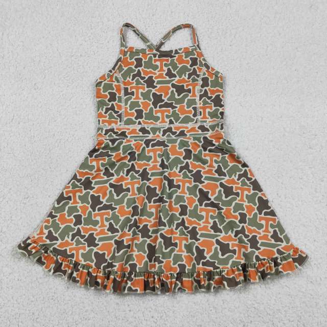 GSD3590  RTS TEAM T orange green camo girl  summer YOGA dress