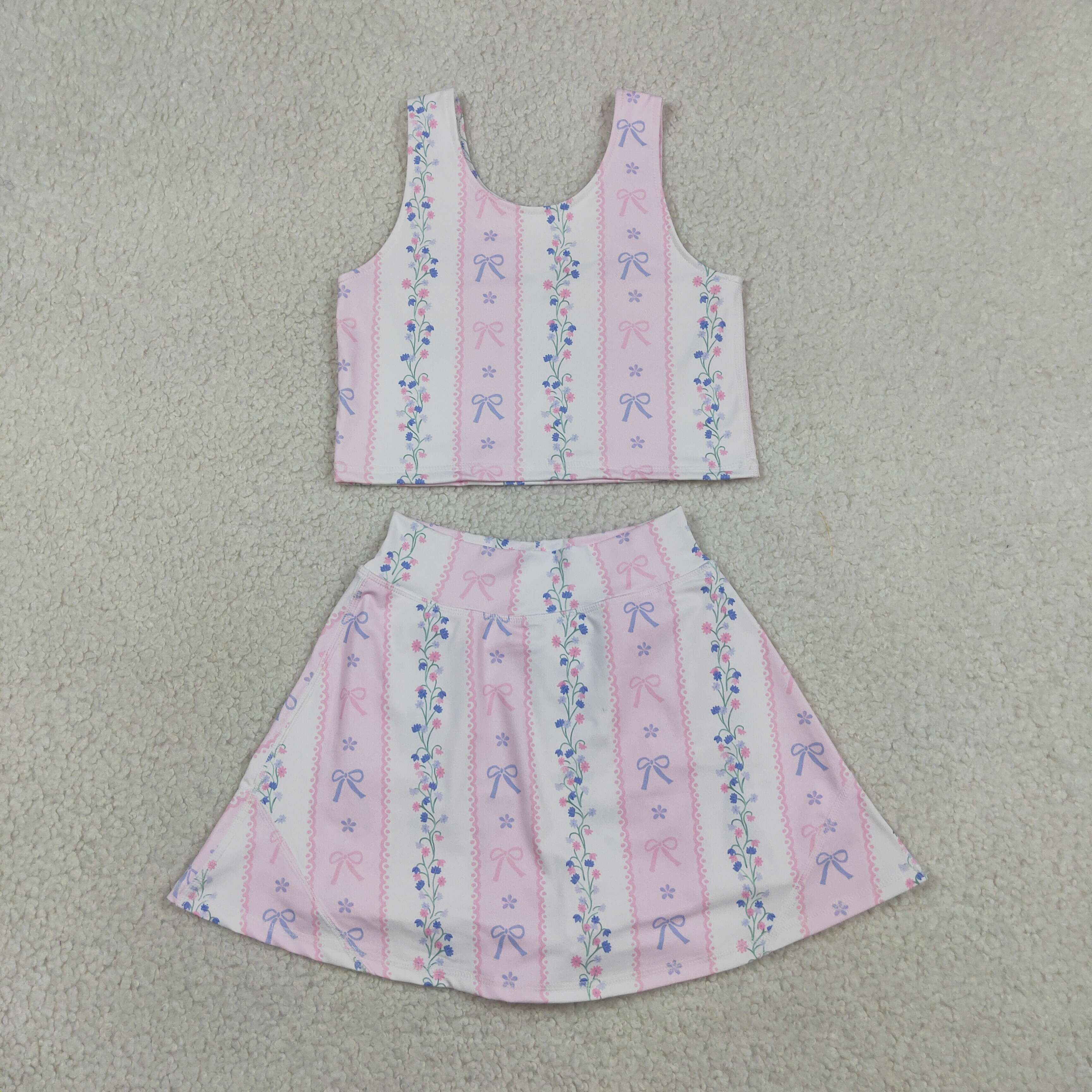GSD2216  RTS Pink purple bows flowers bows print active girl yoga skirt dress