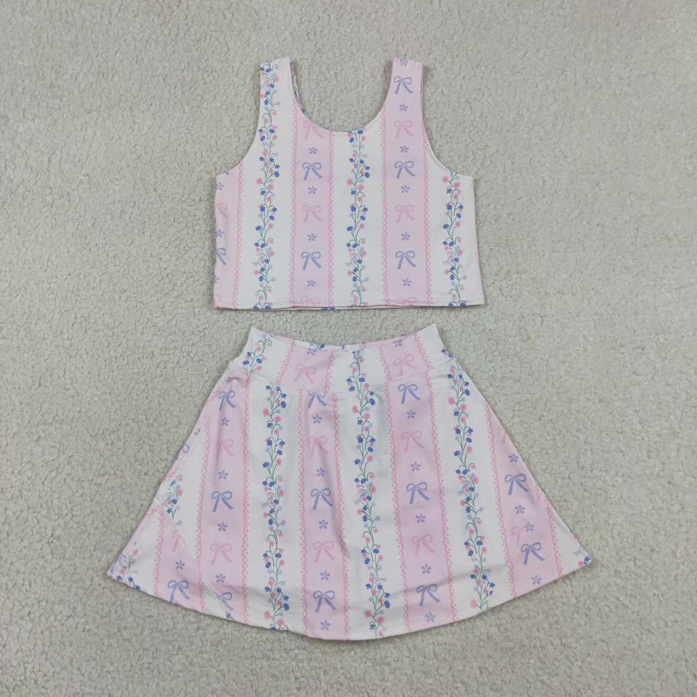 GSD2216  RTS Pink purple bows flowers bows print active girl yoga skirt dress