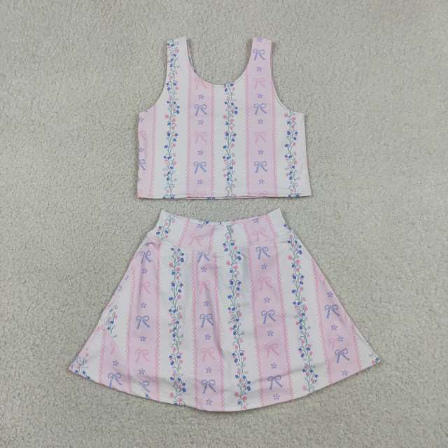 GSD2216  RTS Pink purple bows flowers bows print active girl yoga skirt dress