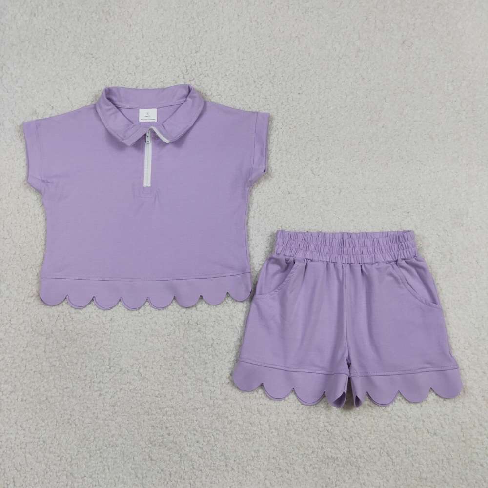 GSSO3377  Purple solid  short sleeve girl Scallop outfits