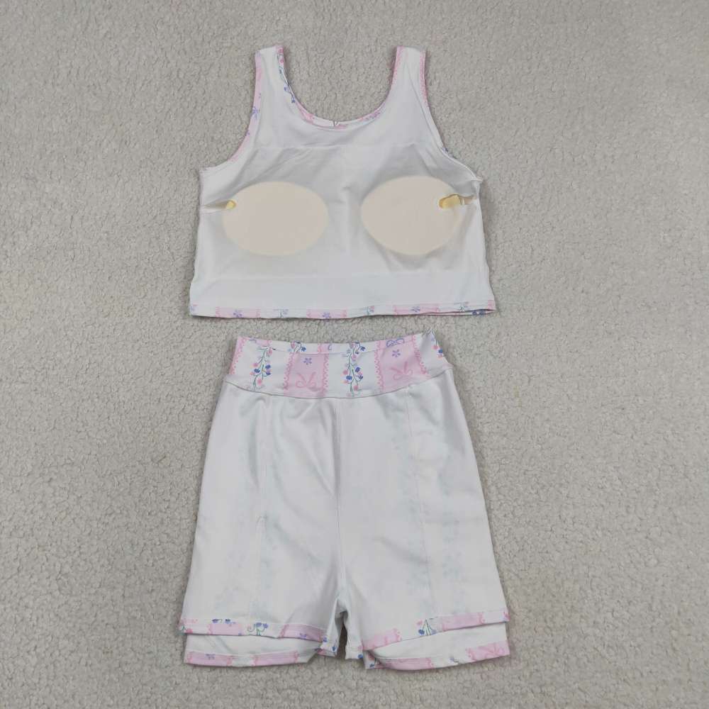 GSD2216  RTS Pink purple bows flowers bows print active girl yoga skirt dress