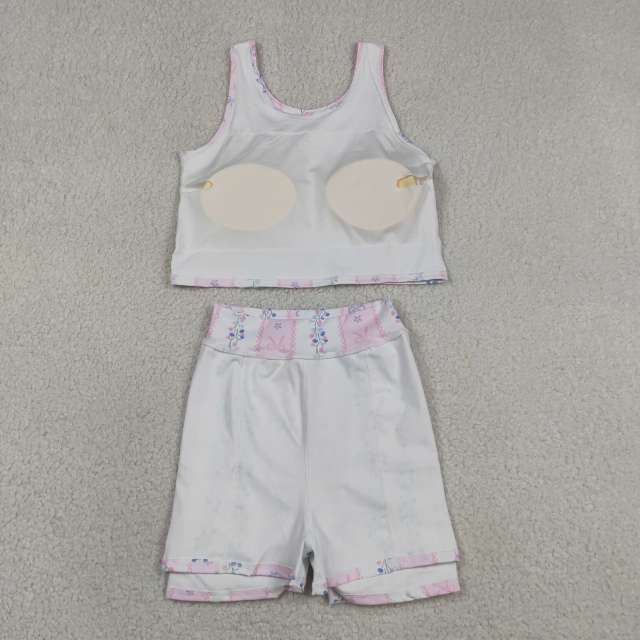 GSD2216  RTS Pink purple bows flowers bows print active girl yoga skirt dress