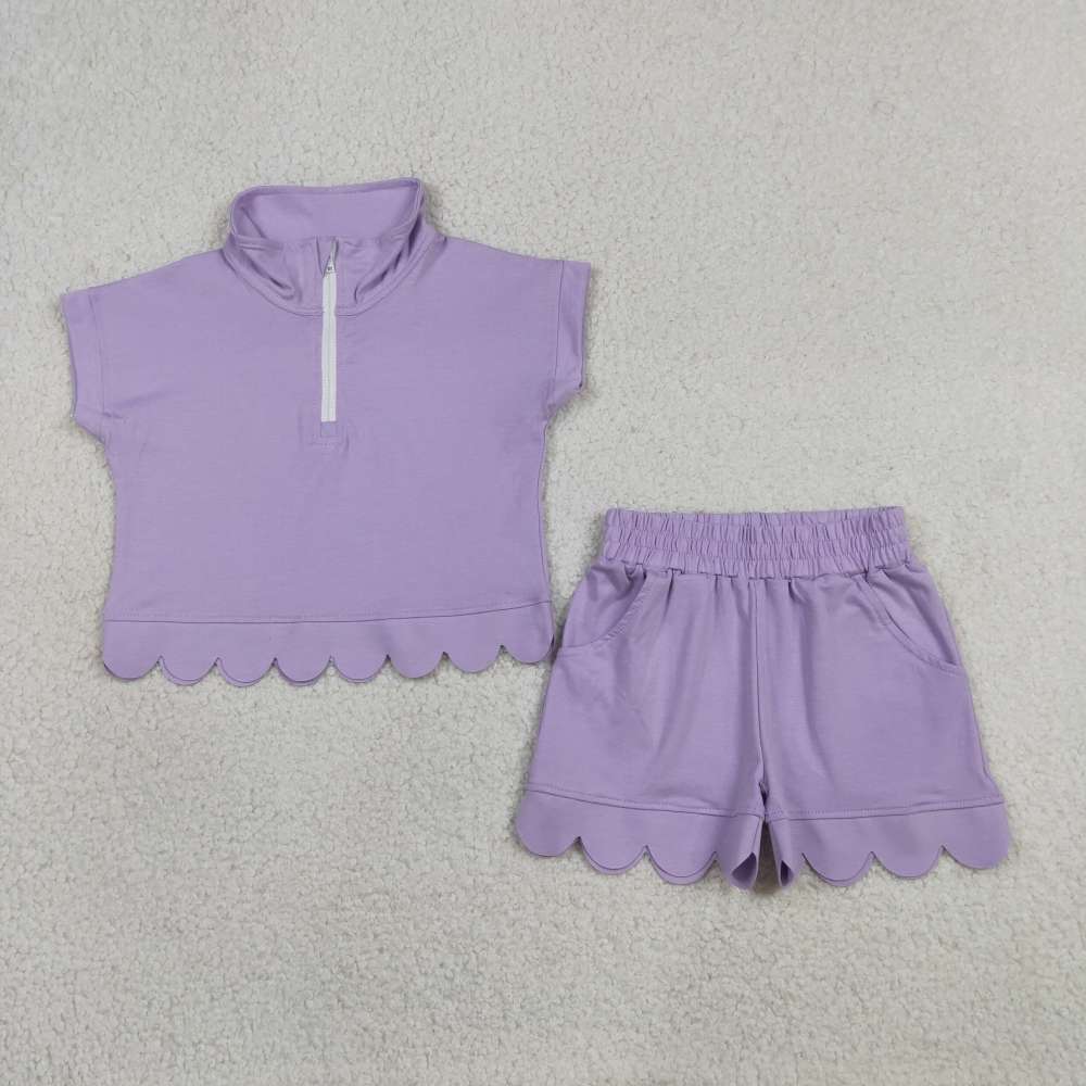 GSSO3377  Purple solid  short sleeve girl Scallop outfits