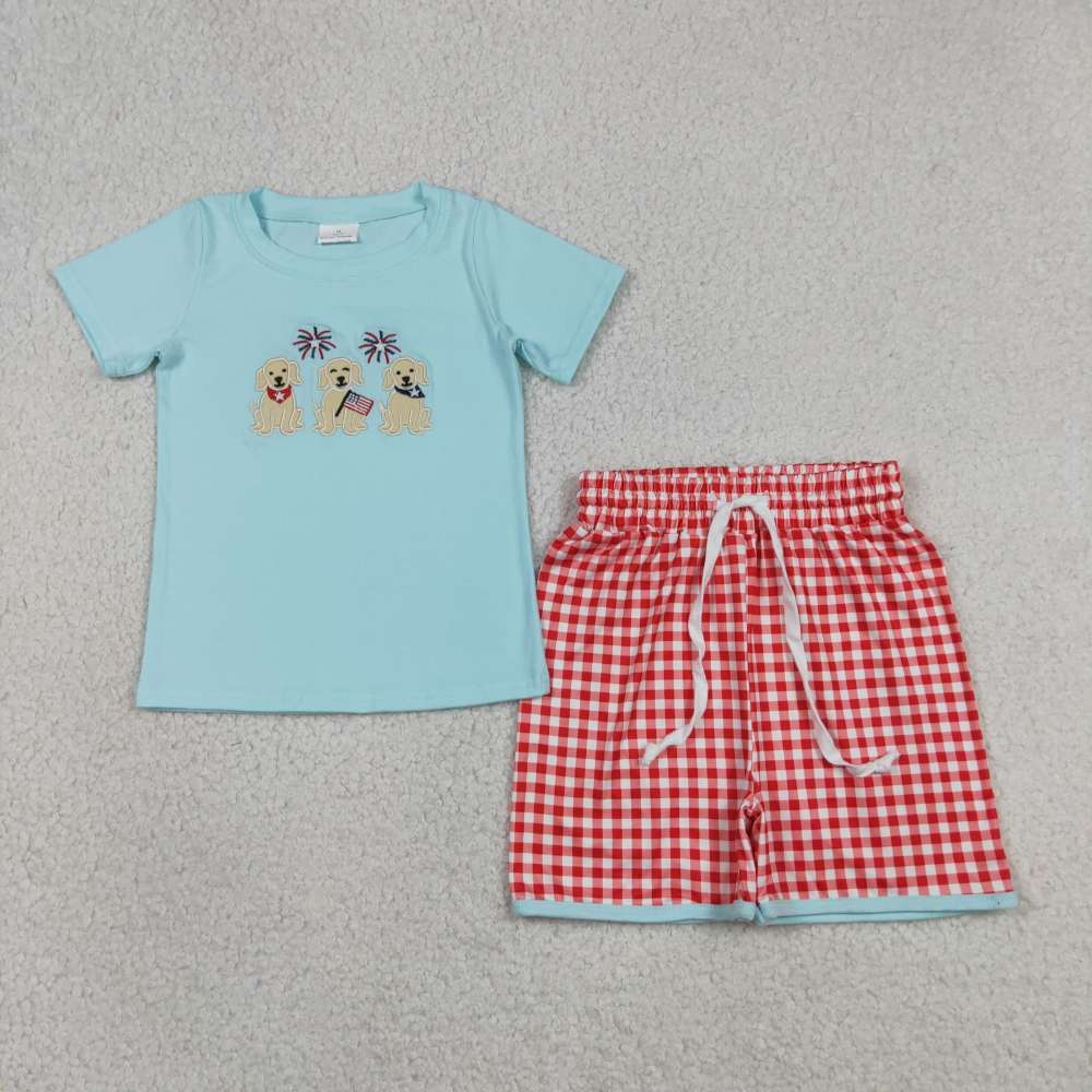 BSSO1934 RTS Blue 4th of july puppy firework embroidery short sleeve boy outfits