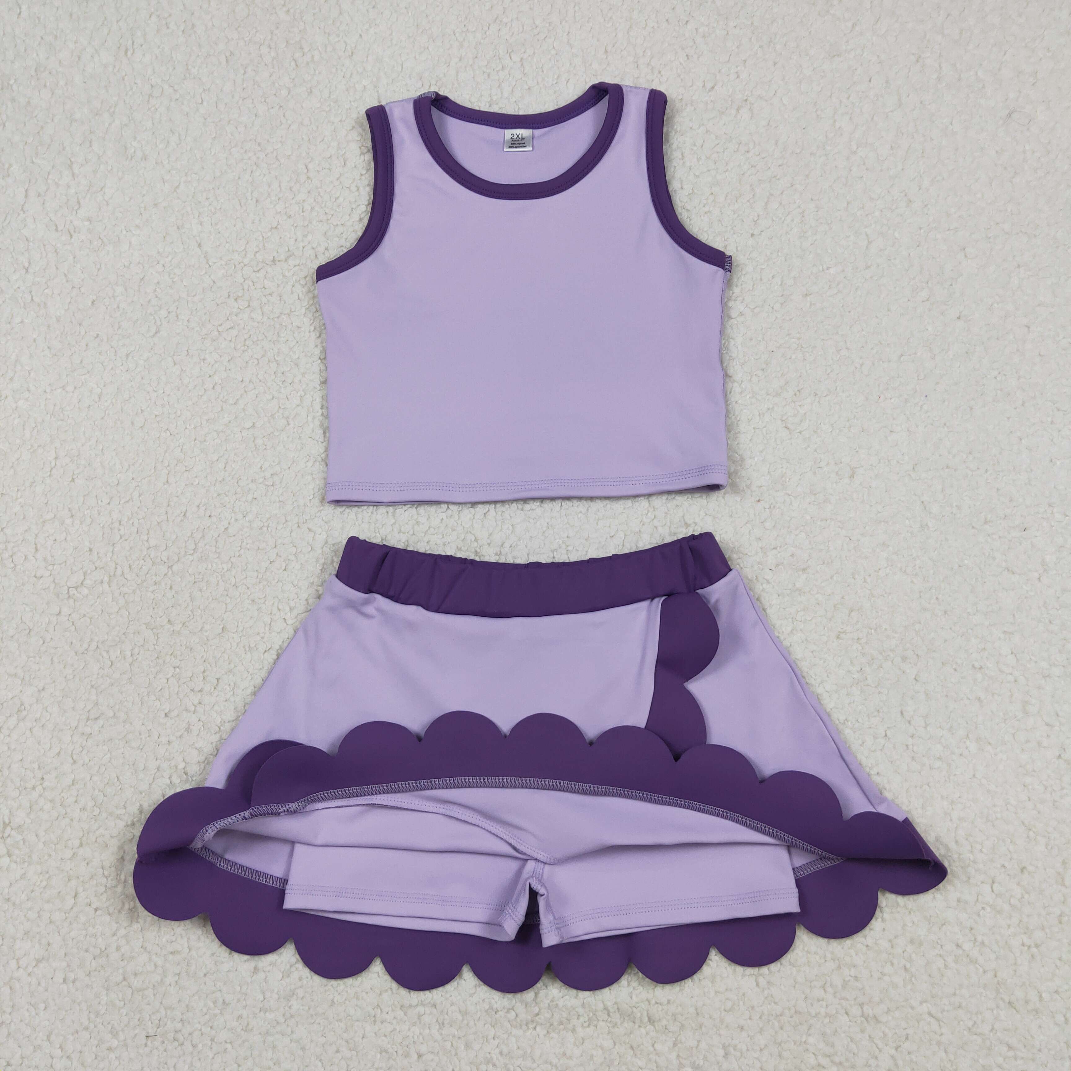 GSD4026  RTS Purple trim print active girl yoga scallop skirt dress