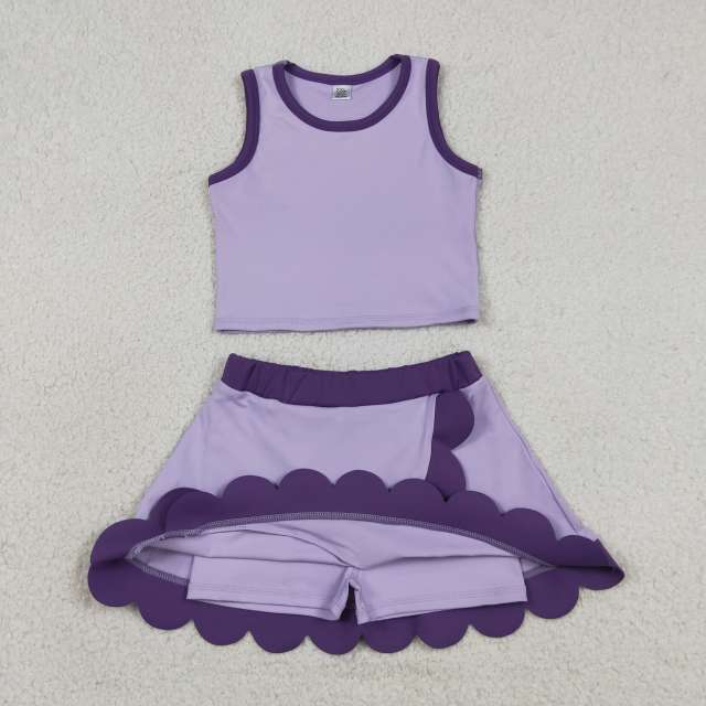 GSD4026  RTS Purple trim print active girl yoga scallop skirt dress
