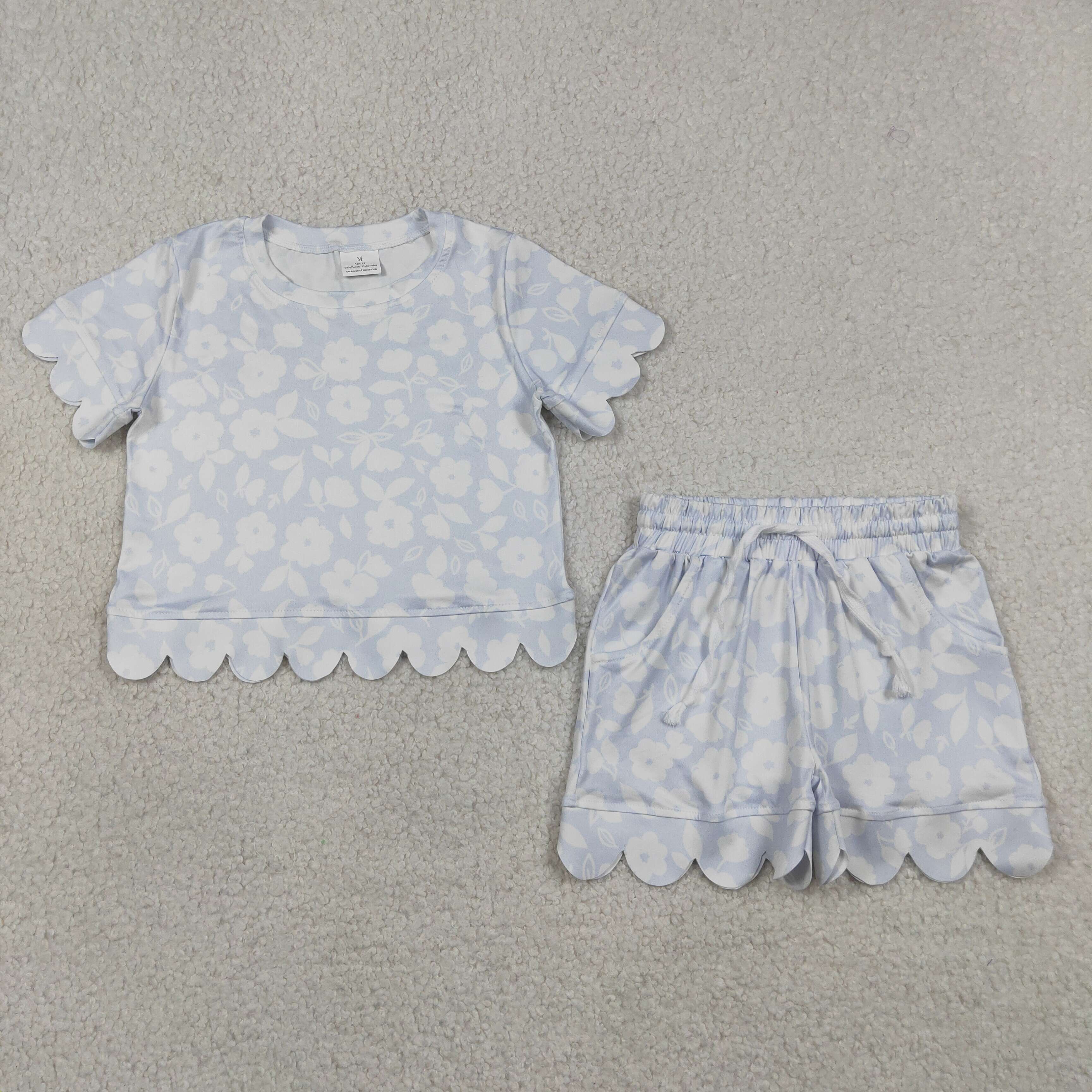 GSSO3730 blue leaves flowers Print Short sleeve girl  SCALLOP  outfits