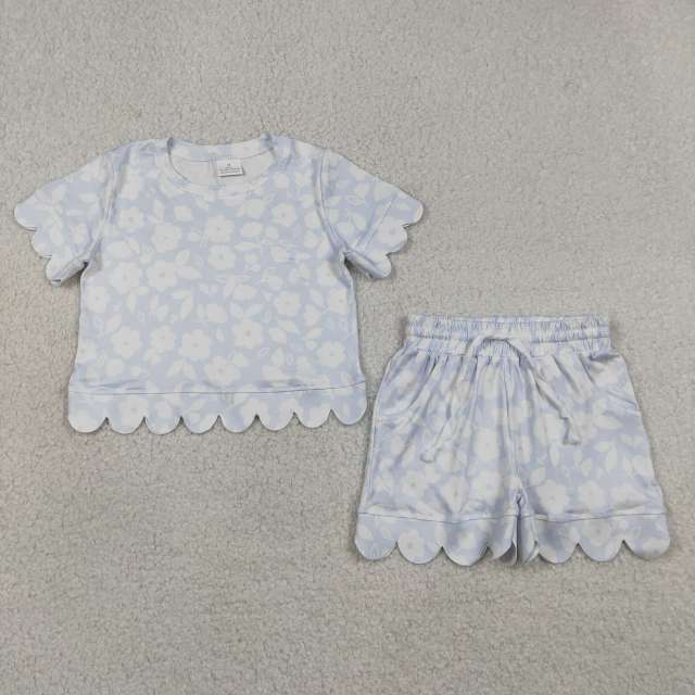 GSSO3730 blue leaves flowers Print Short sleeve girl  SCALLOP  outfits