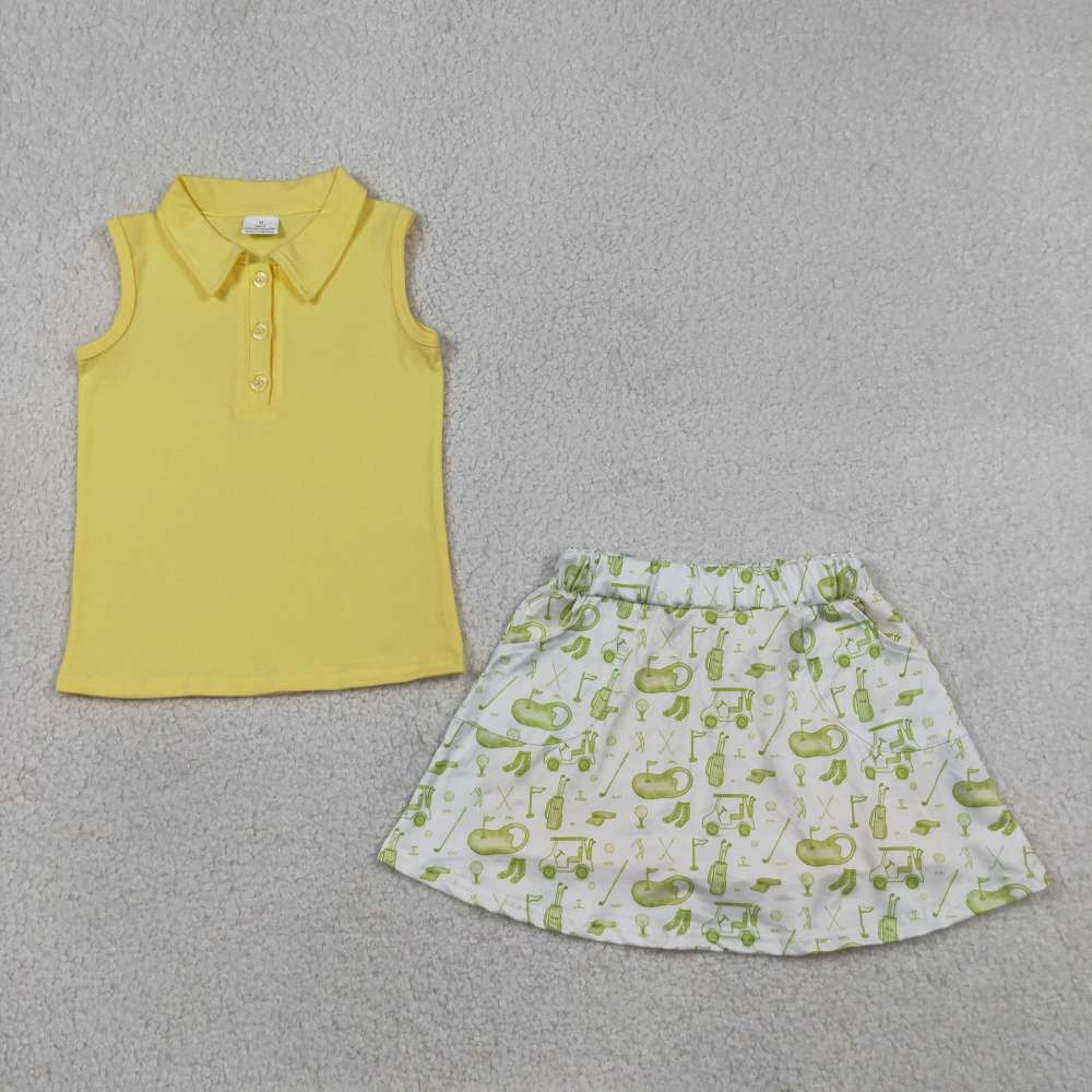 GSD2698 Yellow golf pattern Print  sleeveless girl skirt outfits