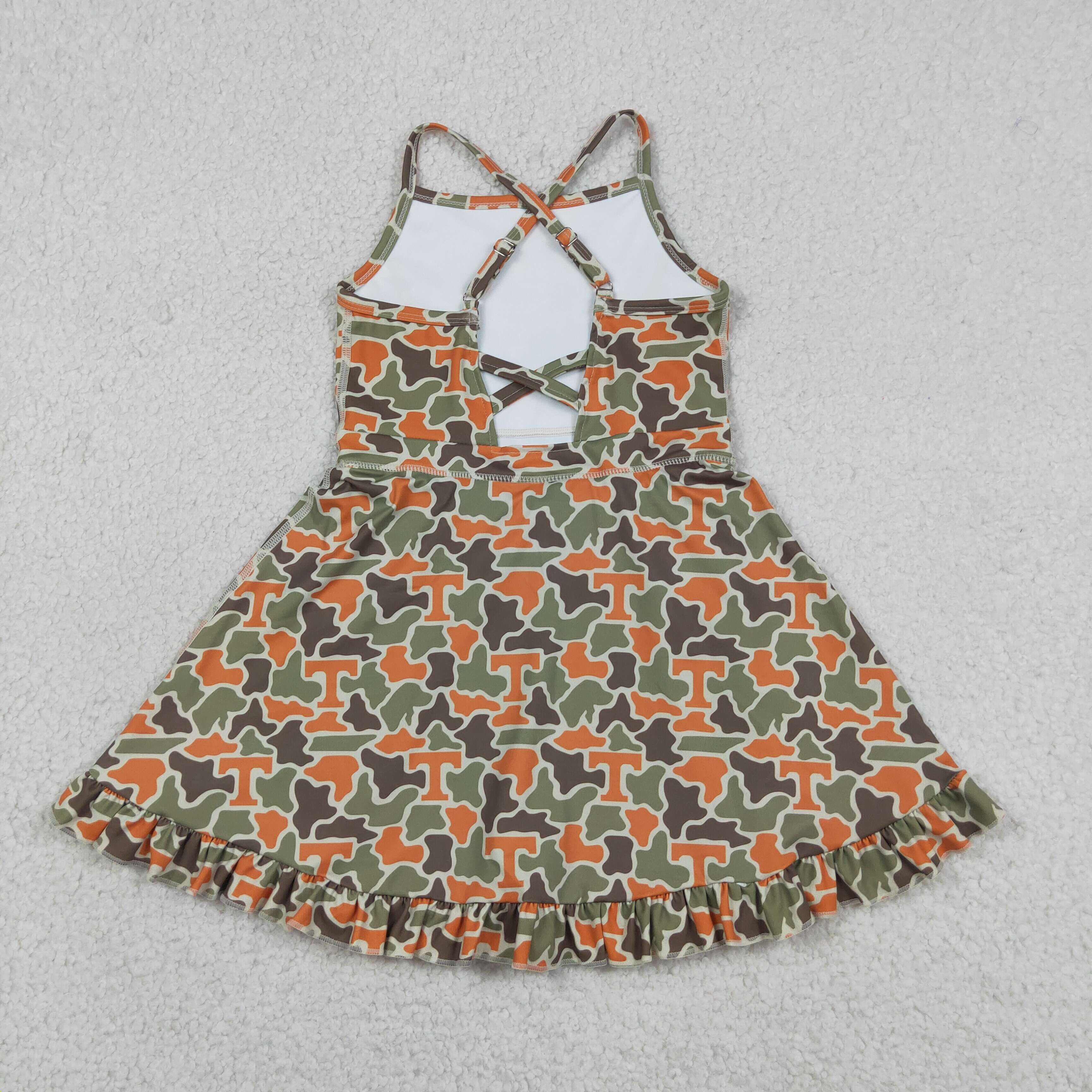 GSD3590  RTS TEAM T orange green camo girl  summer YOGA dress