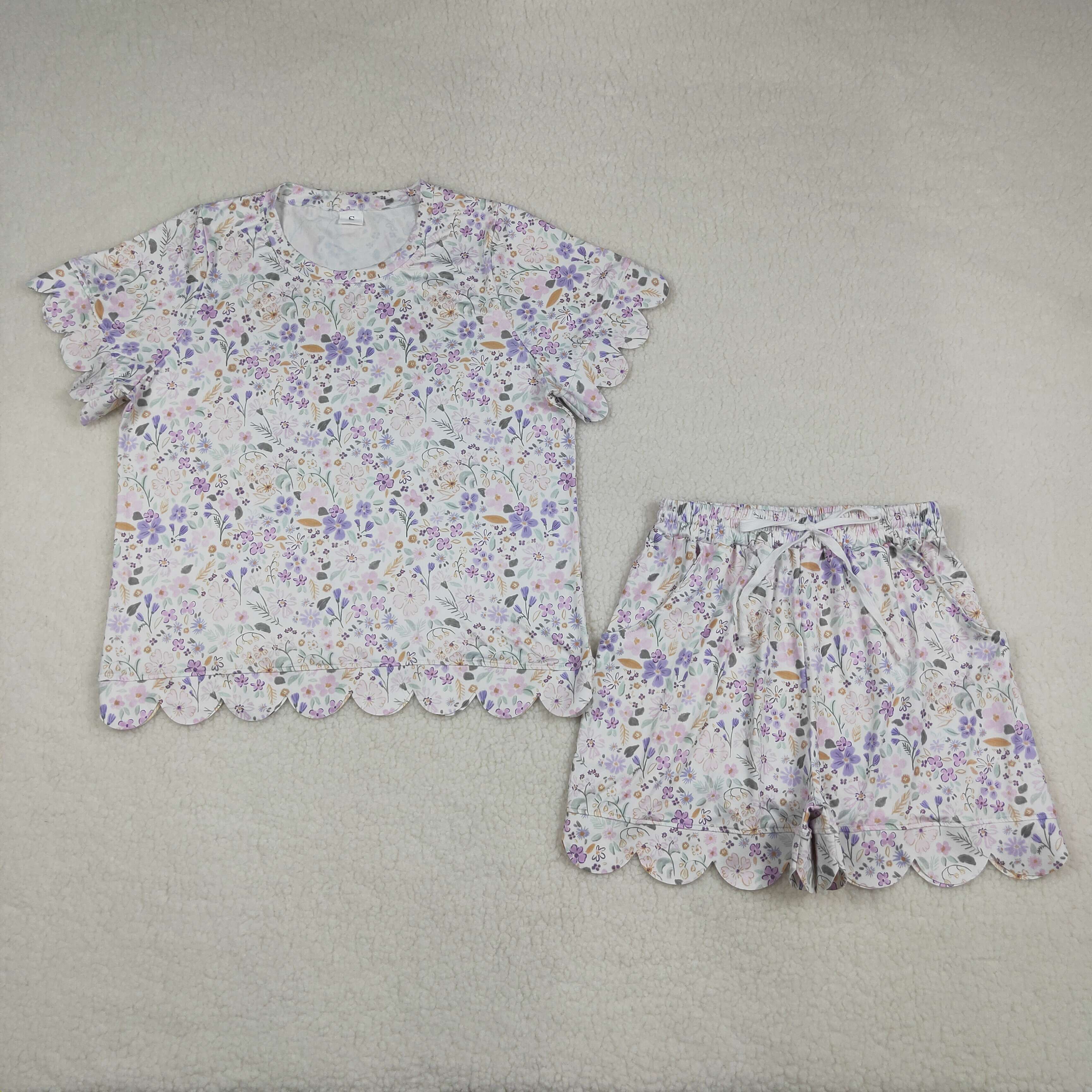 GSSO3420 adult women Purple Flowers Print Short sleeve  scallop outfits