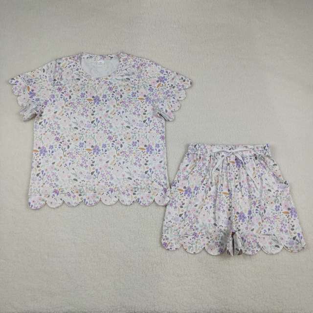 GSSO3420 adult women Purple Flowers Print Short sleeve  scallop outfits