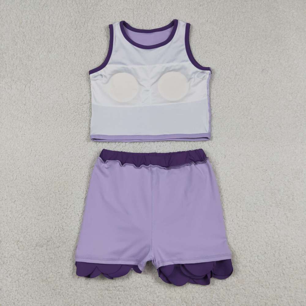 GSD4026  RTS Purple trim print active girl yoga scallop skirt dress