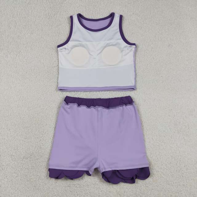 GSD4026  RTS Purple trim print active girl yoga scallop skirt dress