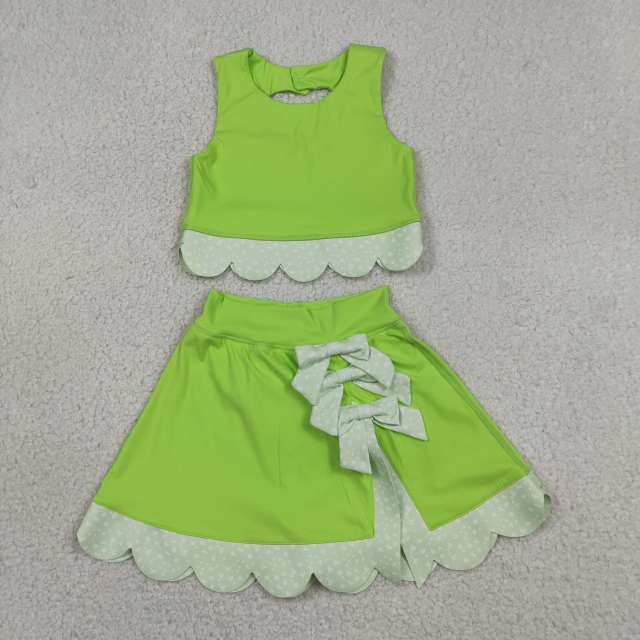 GSD3322  RTS grass Green solid plaid print active girl yoga scallop skirt dress