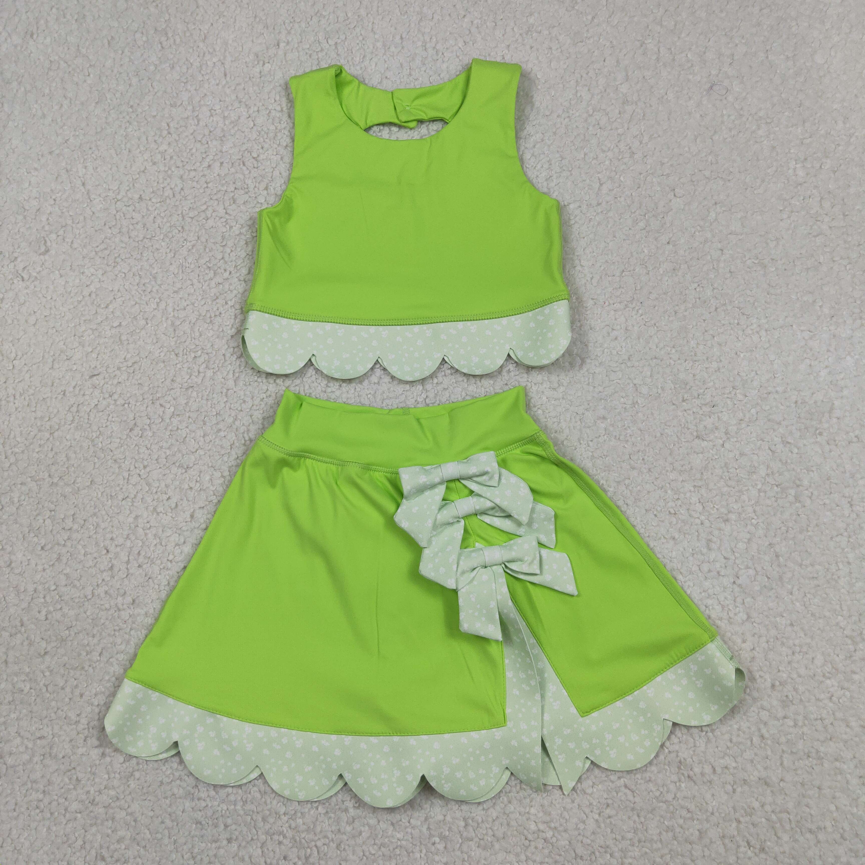 GSD3322  RTS grass Green solid plaid print active girl yoga scallop skirt dress