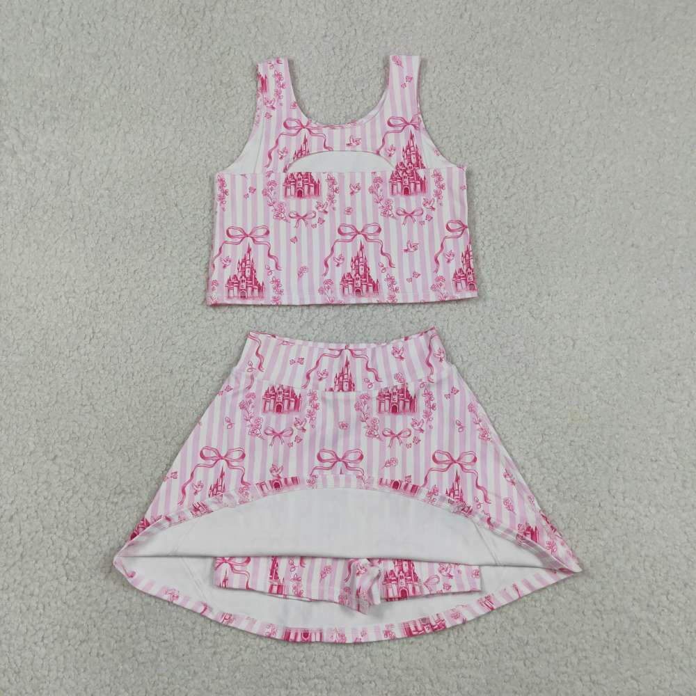 GSD3814 RTS pink stripe castle print active girl yoga  skirt dress