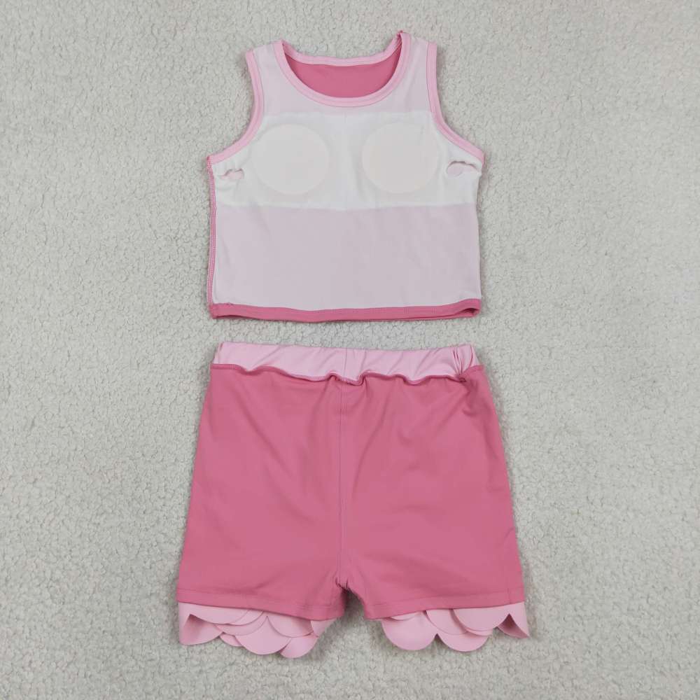 GSD40163 RTS Pink solid print active girl yoga scallop skirt dress