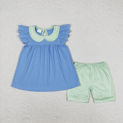GSSO1067 blue solid green stripe  print sleeveless girl summer outfits