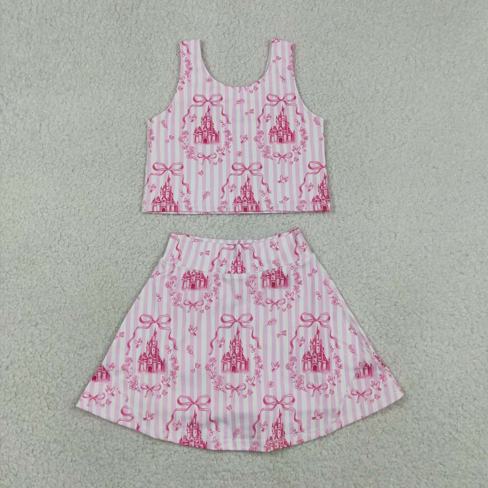 GSD3814 RTS pink stripe castle print active girl yoga  skirt dress
