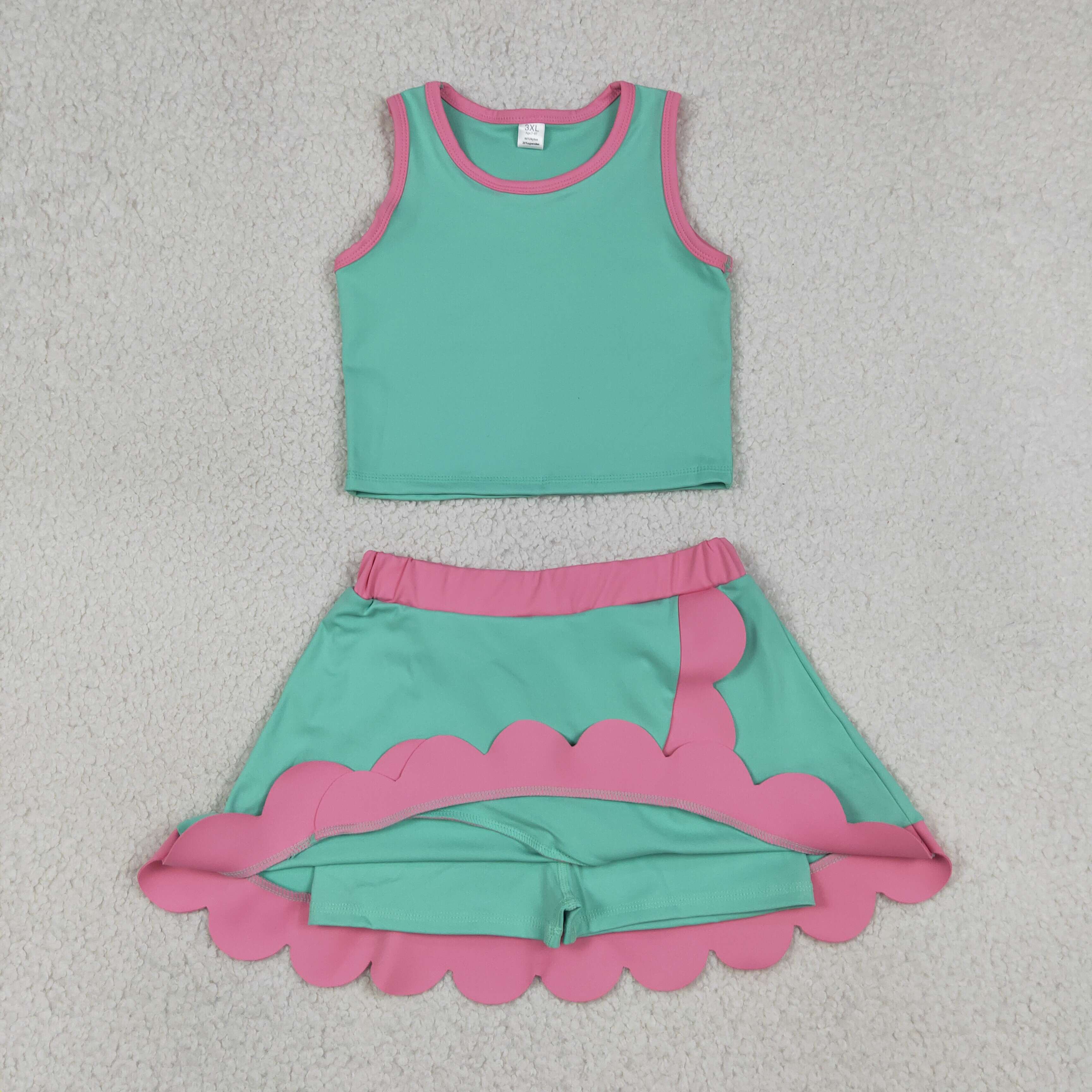 GSD4012 RTS Pink Cyan print active girl yoga scallop skirt dress