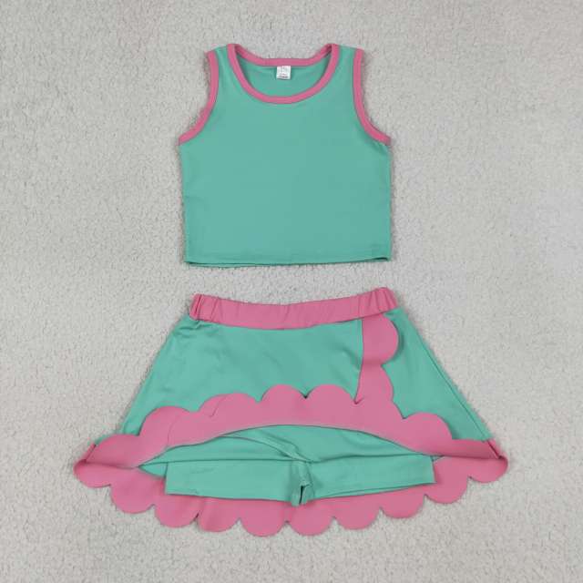 GSD4012 RTS Pink Cyan print active girl yoga scallop skirt dress
