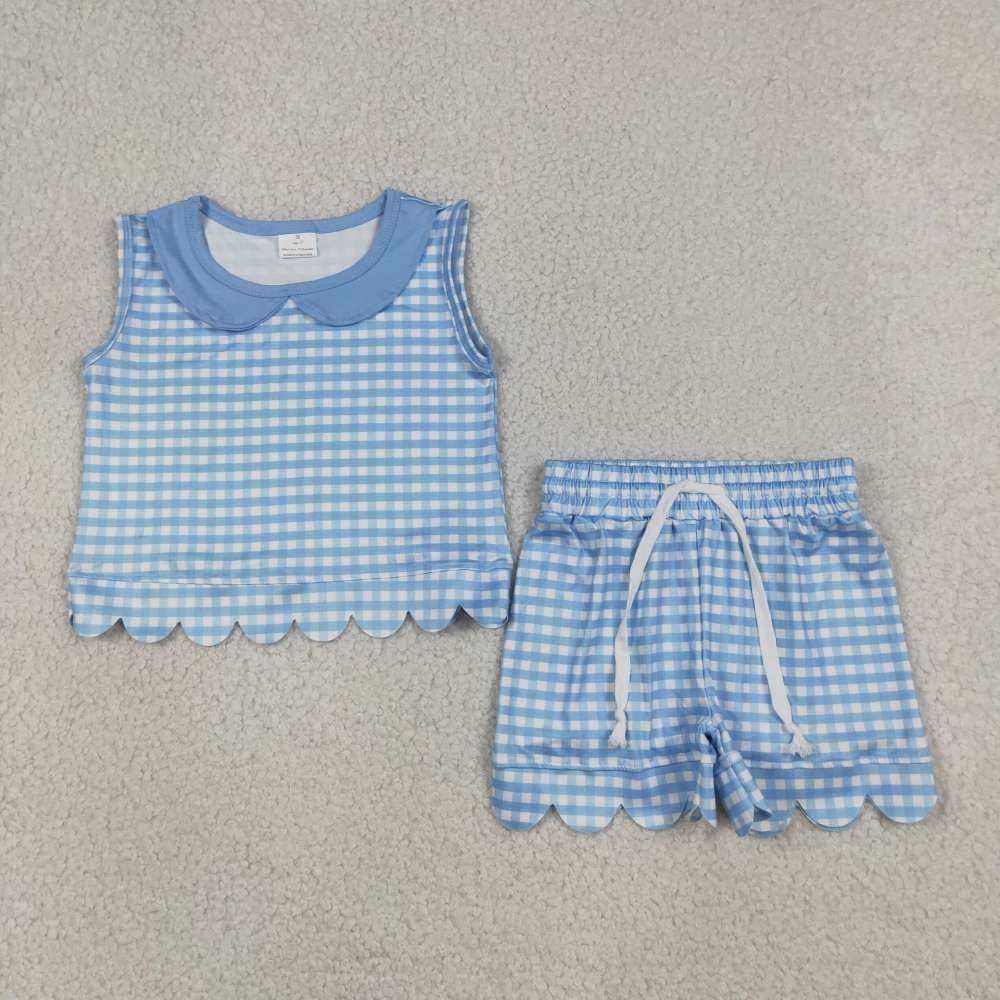 GSSO3397  Blue Plaid  Print sleeveless girl  scallop outfits