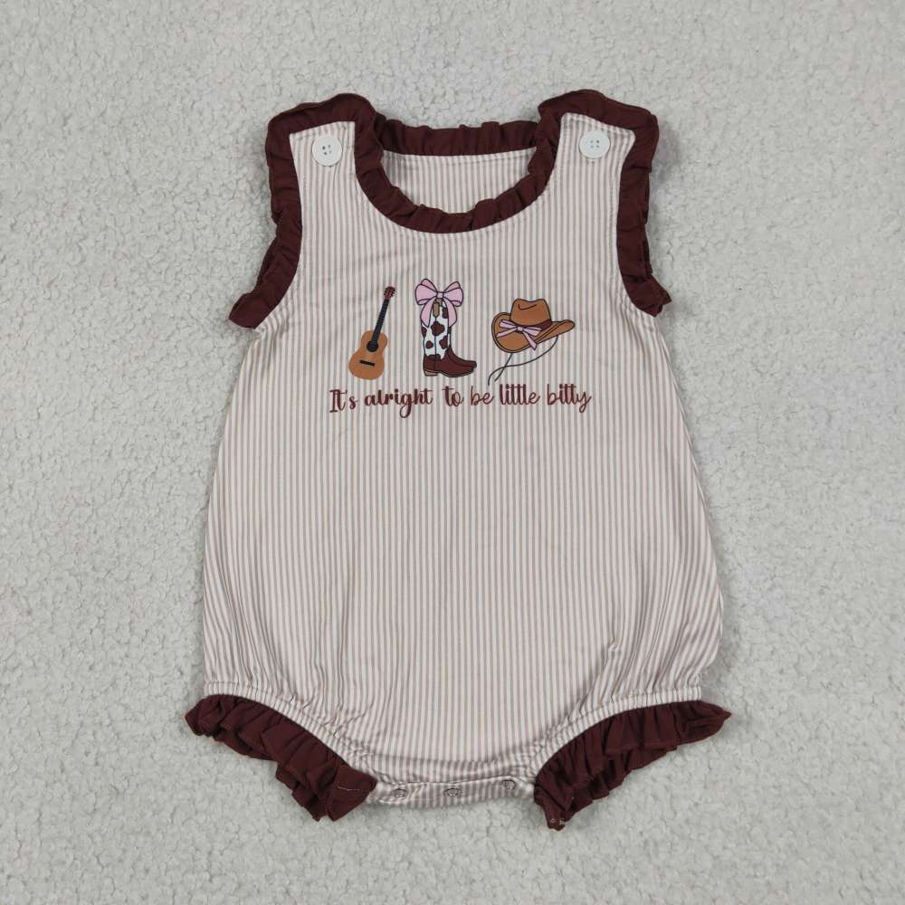 SR3336 Baby brown stripe boots hats bows Embroidery sleeveless Rompers