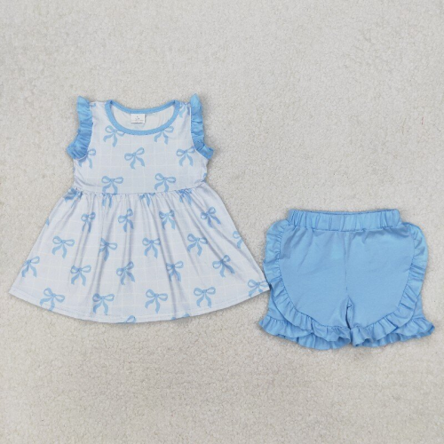 GSSO2120 small blue plaid Bows print sleeveless girl summer outfits