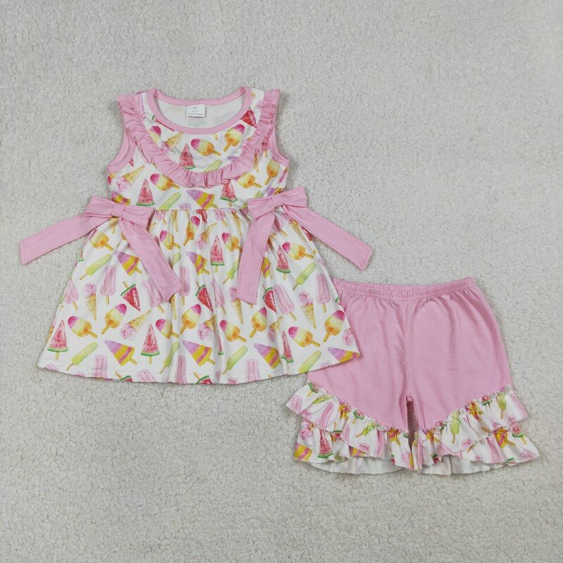 GSSO3067 watermelon popsicle print sleeveless girl summer bows outfits