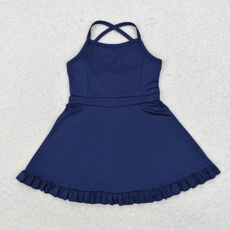 S0456  RTS navy solid  girl  summer athletic yoga dress