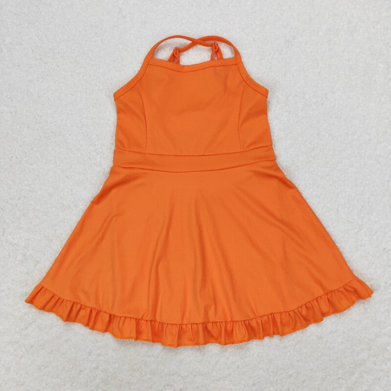 S0442 RTS Orange solid  girl  summer athletic yoga dress