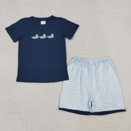 BSSO1938 RTS Navy duck embroidery short sleeve boy outfits