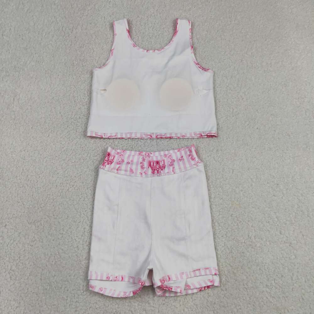 GSD3814 RTS pink stripe castle print active girl yoga  skirt dress