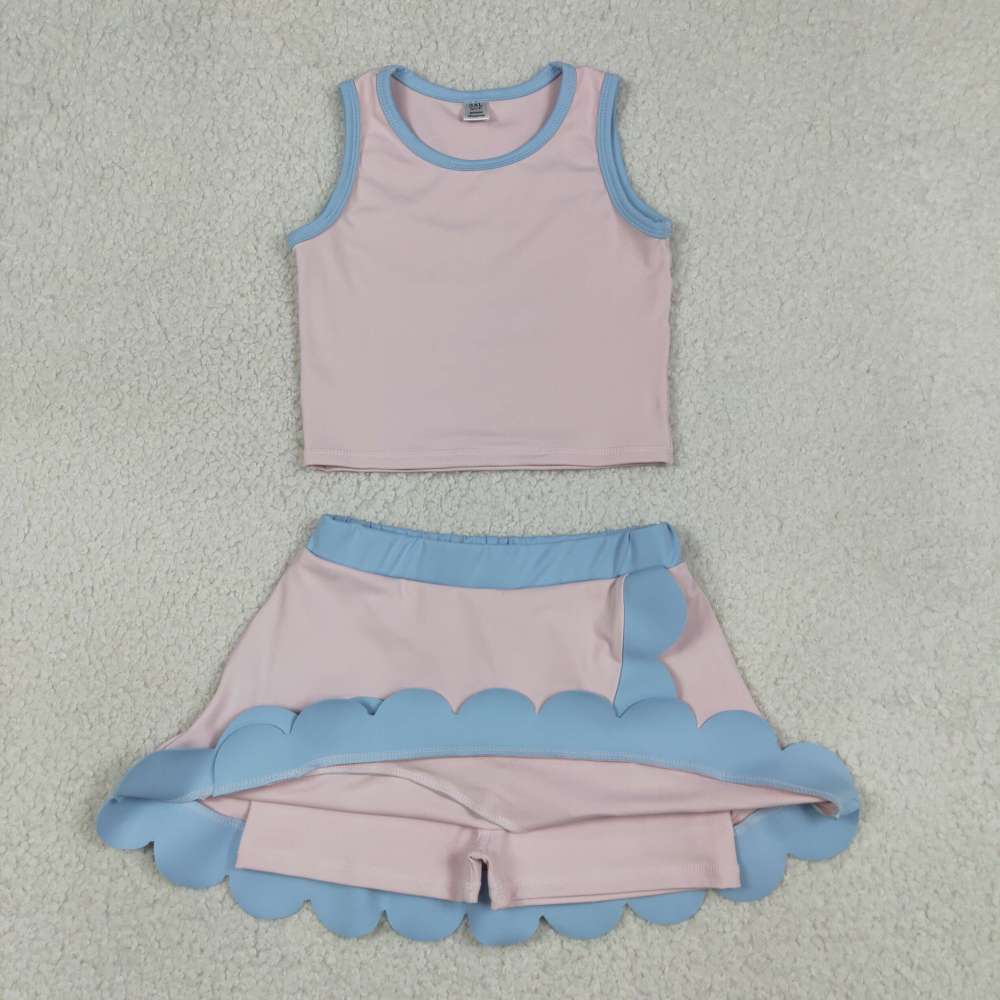 GSD4010  RTS Pink Blue print active girl yoga scallop skirt dress