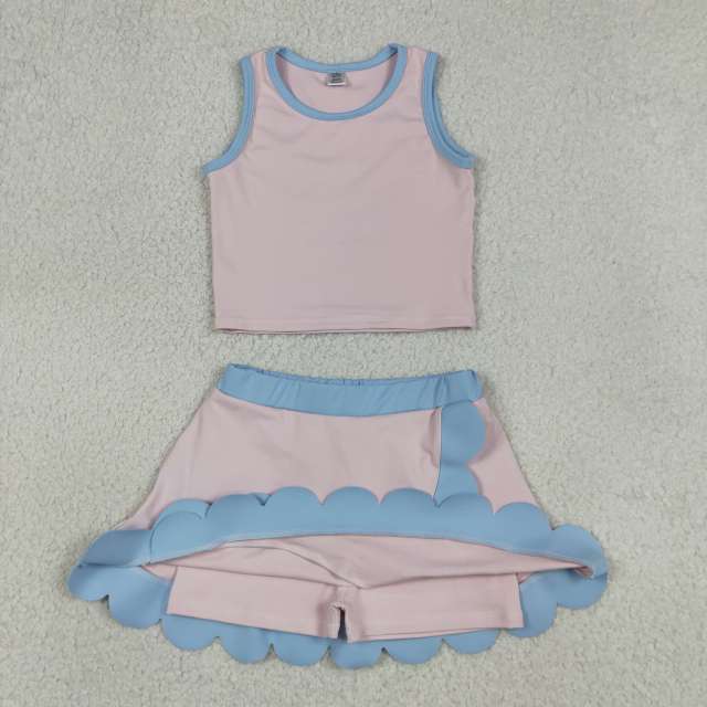 GSD4010  RTS Pink Blue print active girl yoga scallop skirt dress