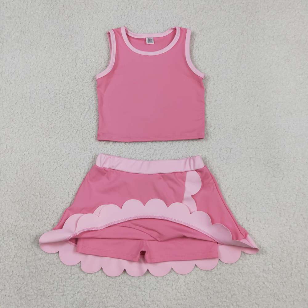 GSD40163 RTS Pink solid print active girl yoga scallop skirt dress