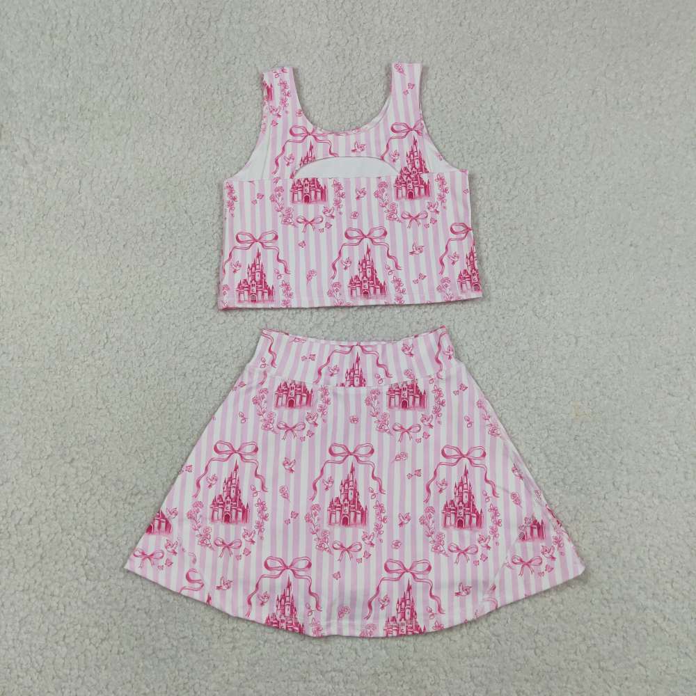 GSD3814 RTS pink stripe castle print active girl yoga  skirt dress